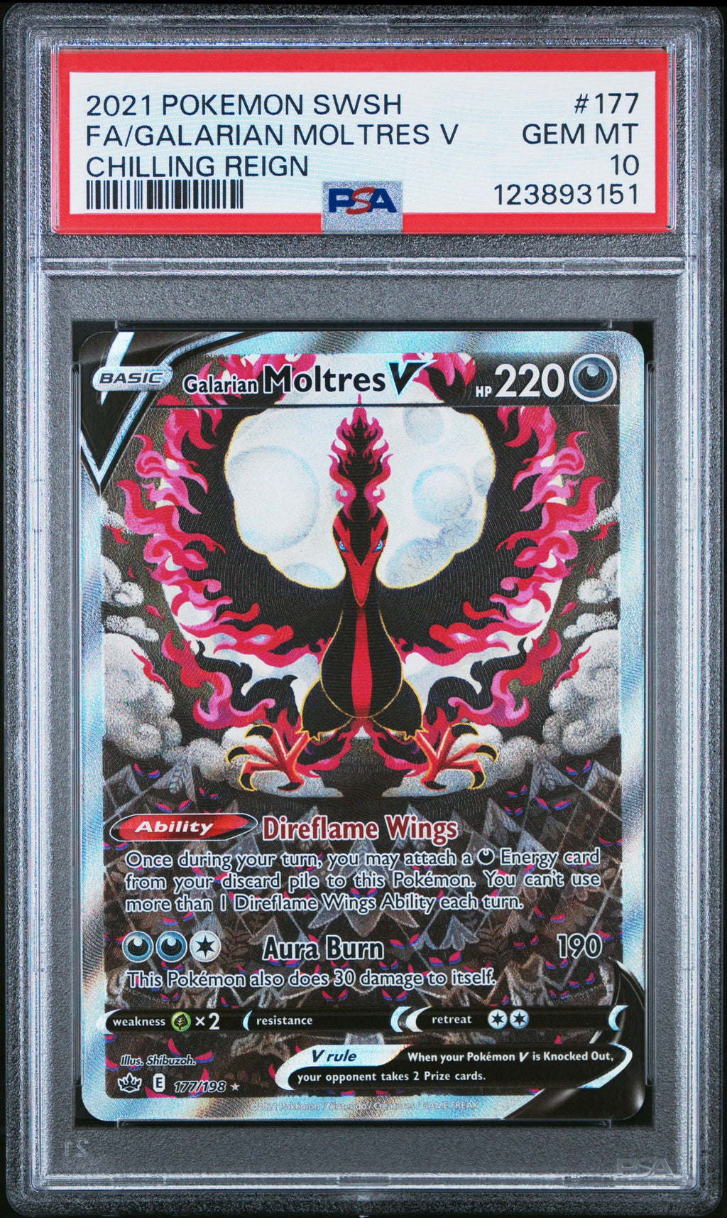 FA/GALARIAN MOLTRES V CHILLING REIGN 2021 POKEMON SWORD & SHIELD CHILLING REIGN PSA GEM MT 10