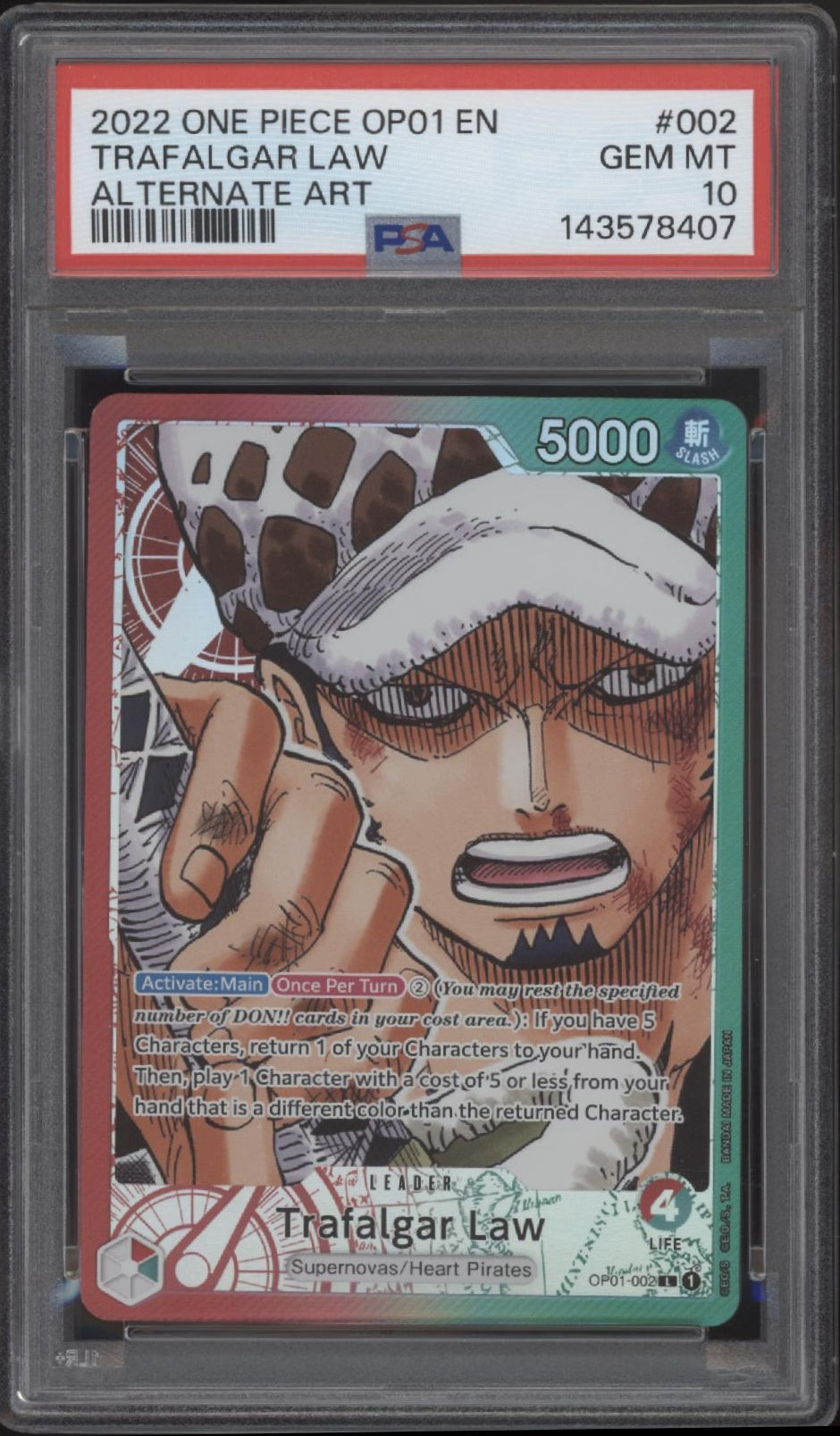 Trafalgar Law One Piece Romance Dawn Alternate Art Pre-Errata #002 PSA 10
