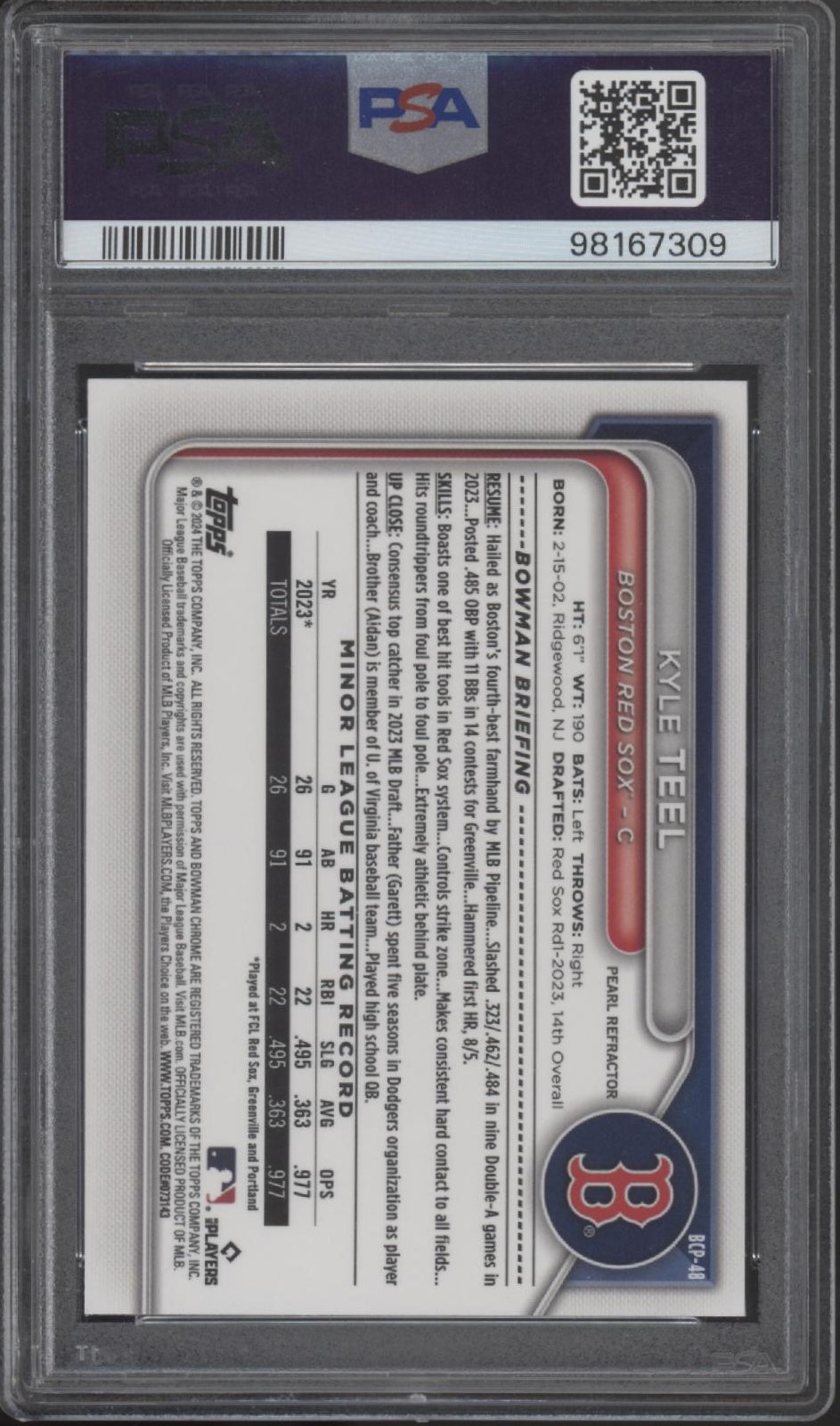 Kyle Teel 2024 Bowman Chrome Prospects Pearl Refractor #BCP-48 PSA 10