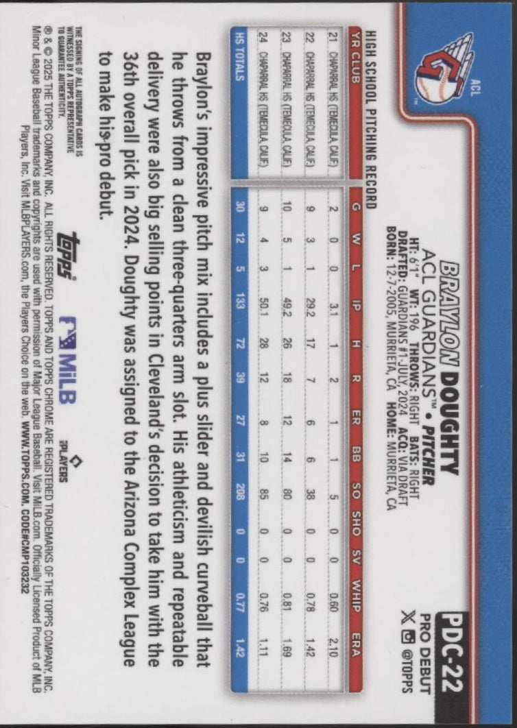 Braylon Doughty 2025 Topps Chrome Pro Debut Black Refractor Auto 01/10 #PDC-22