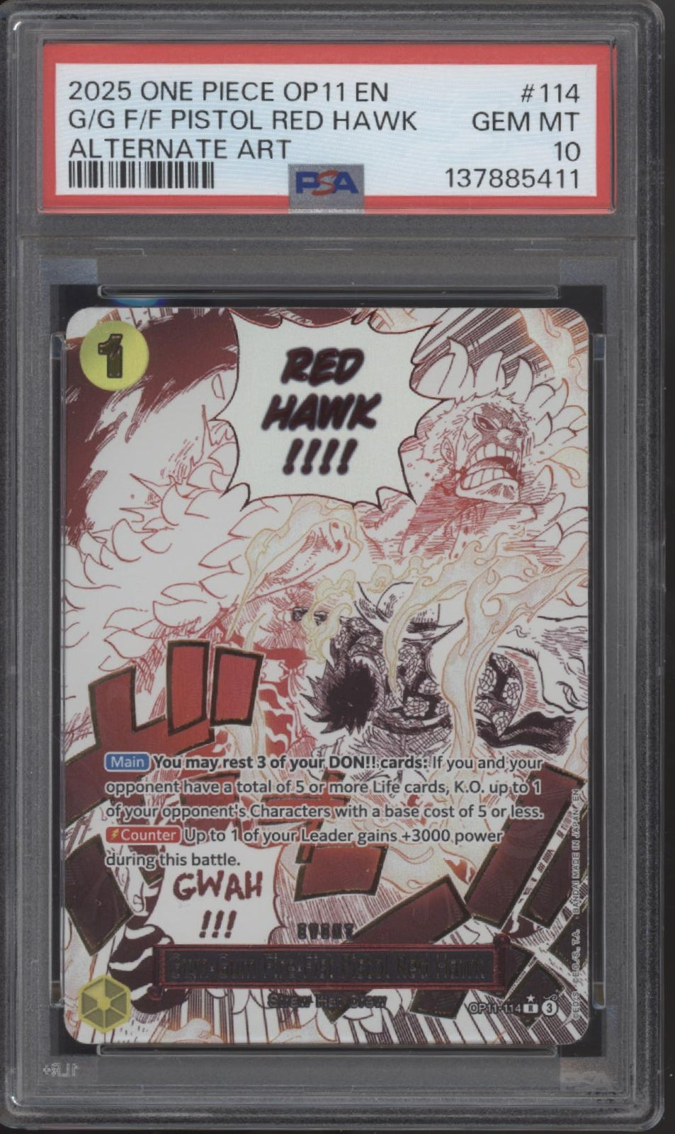 Gum Gum Fire Fist Pistol Red Hawk One Piece OP11 Alternate Art #114 PSA 10