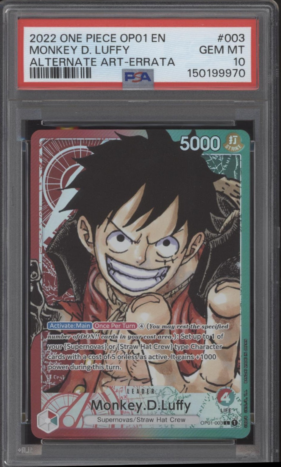 Monkey D Luffy One Piece Card Game OP01 Alternate Art Errata #003 PSA 10