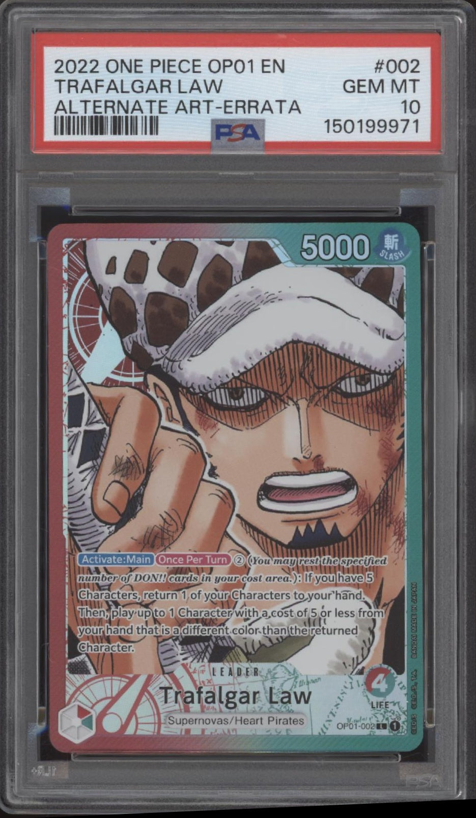 Trafalgar Law One Piece Card Game OP01 Alternate Art Errata #002 PSA 10