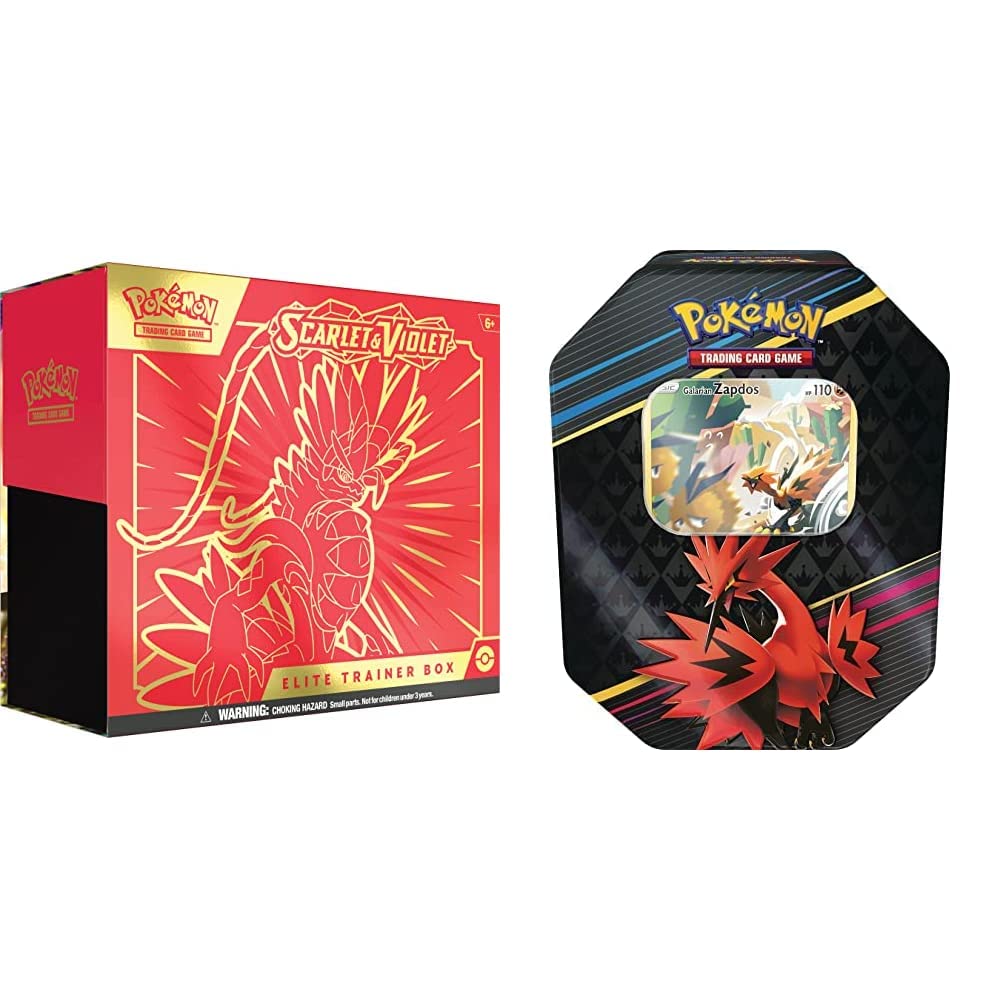 Pokemon TCG Scarlet and Violet Elite Trainer Box (ETB) - Koraidon (1 Full Art Promo Card, 9 Boosters and Premium Accessories) & TCG: Crown Zenith Tin - Galarian Zapdos (1 Foil Card & 4 Booster Packs)