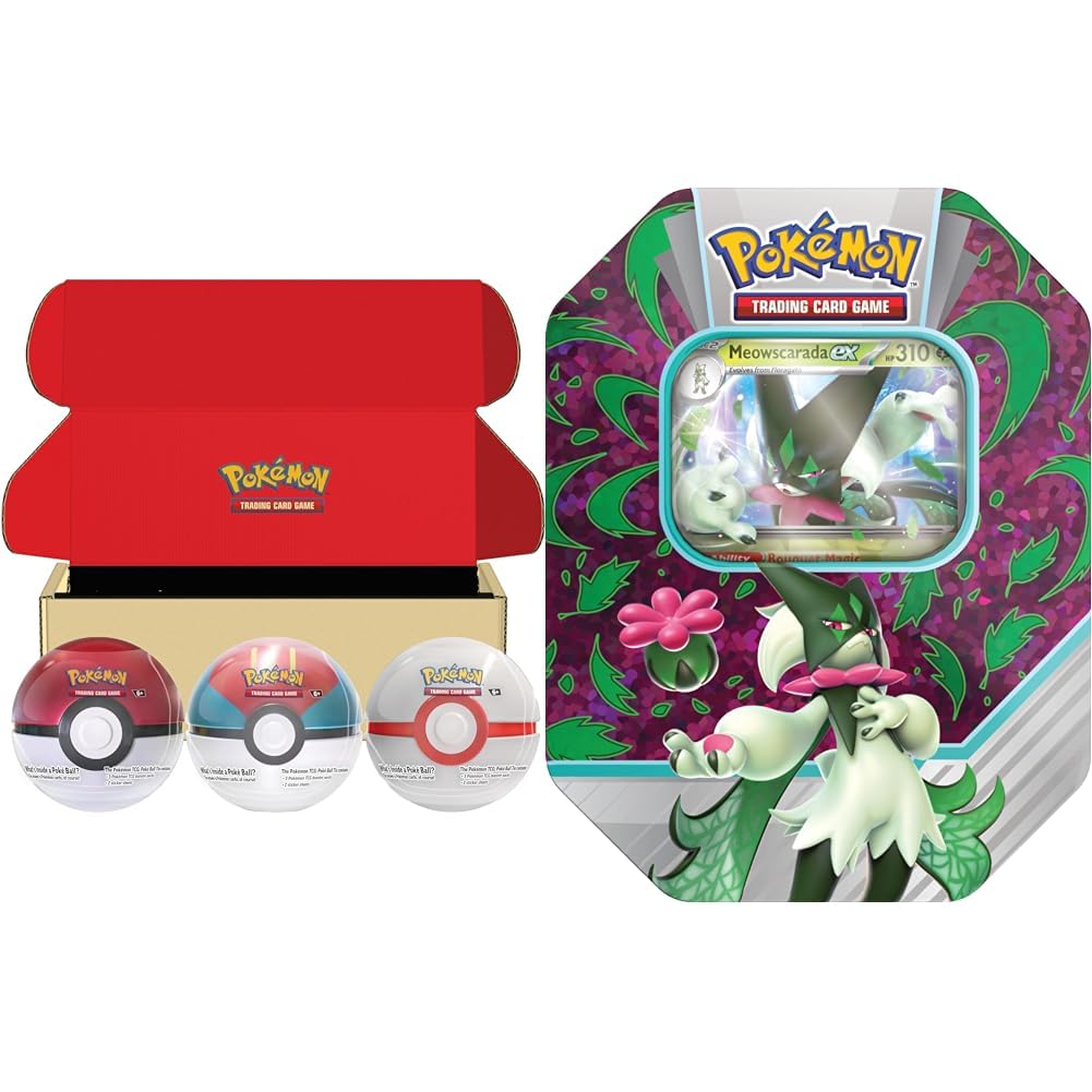 Pokemon TCG Poke Ball Tin Bundle - Poke Ball, Lure Ball & Premier Ball & TCG: Paldea Partners Tin - Meowscarada ex (1 Foil Promo Card & 4 Booster Packs)