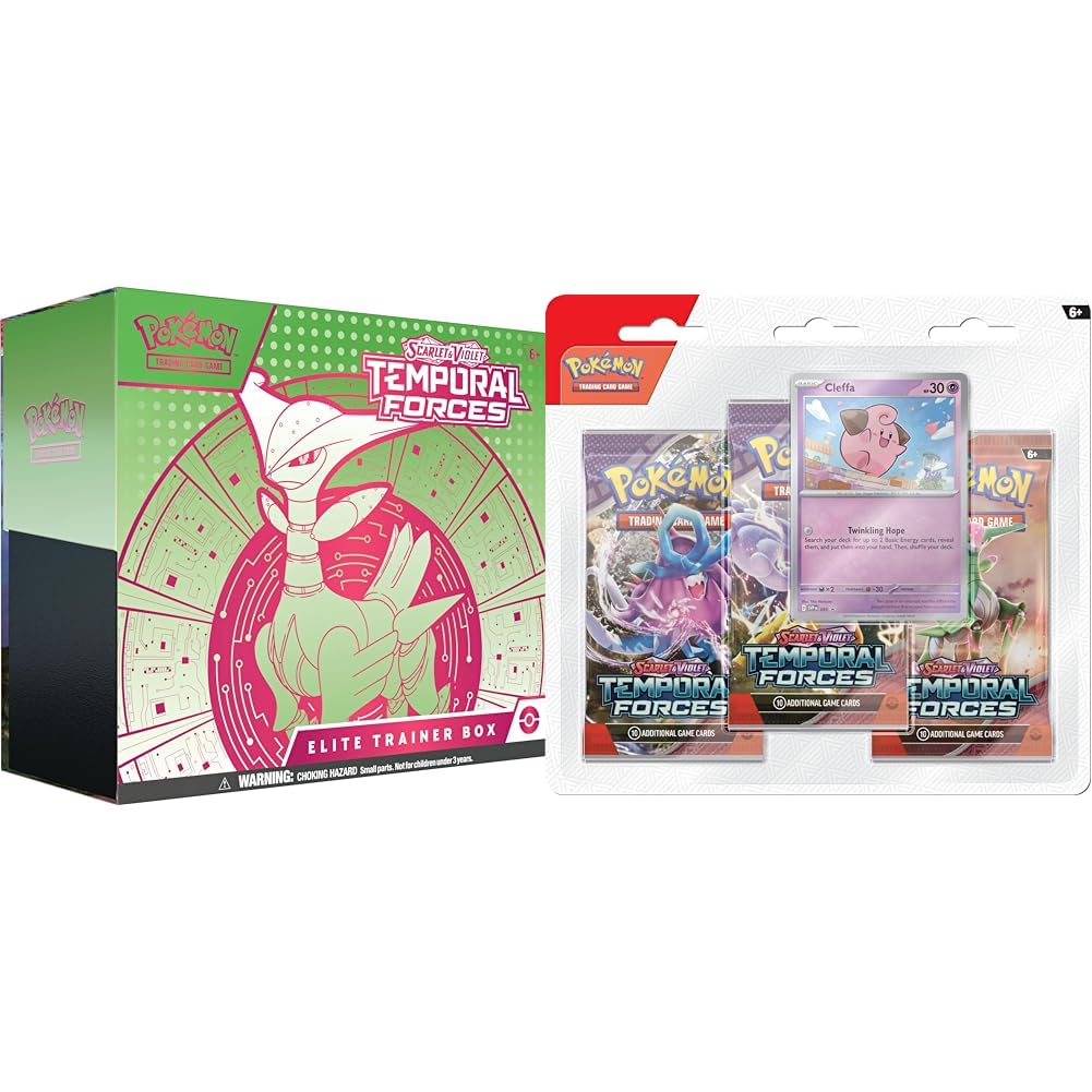 Pokemon Scarlet & Violet Temporal Forces Elite Trainer Box (ETB) - Iron Leaves & TCG: Scarlet & Violet - Temporal Forces Triple Pack - Cleffa (3 Booster Packs & 1 Foil Promo Card)