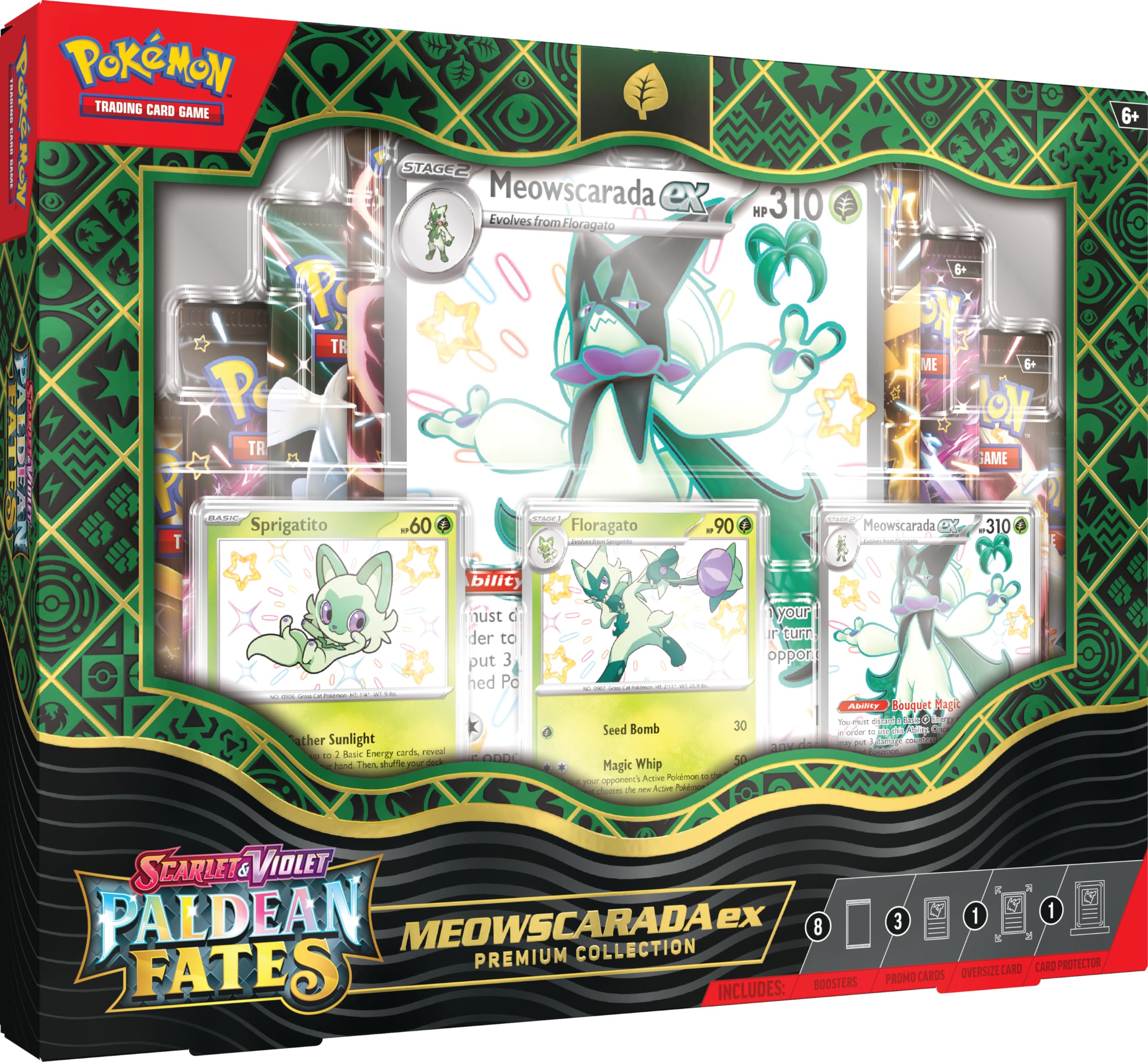 Pokemon Scarlet & Violet Paldean Fates Premium Collection - Meowscarada ex (3 Etched Foil Promo Cards, 1 Oversized Card & 8 Boosters)