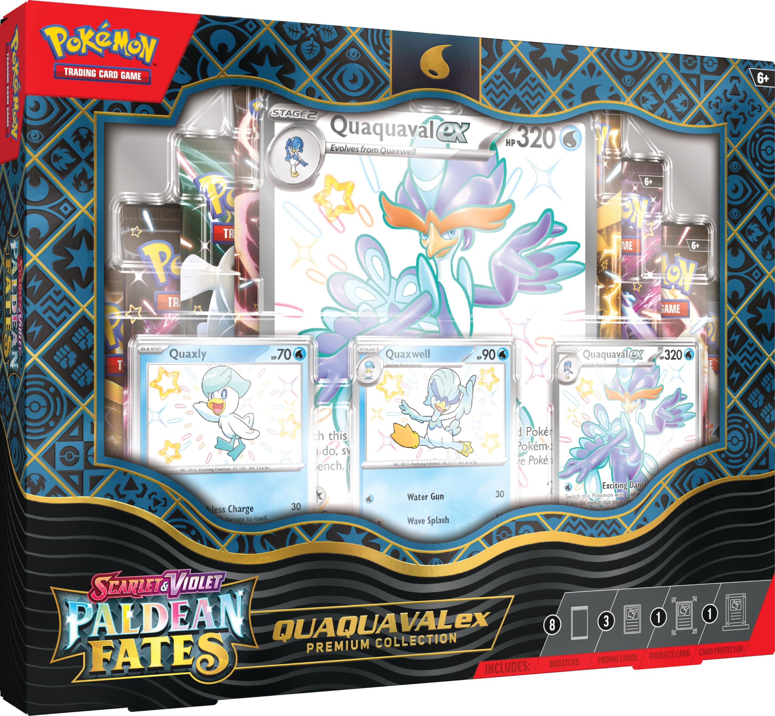 Pokemon Scarlet & Violet Paldean Fates Premium Collection – Quaquaval ex (3 Etched Foil Promo Cards, 1 Oversized Card & 8 Boosters)