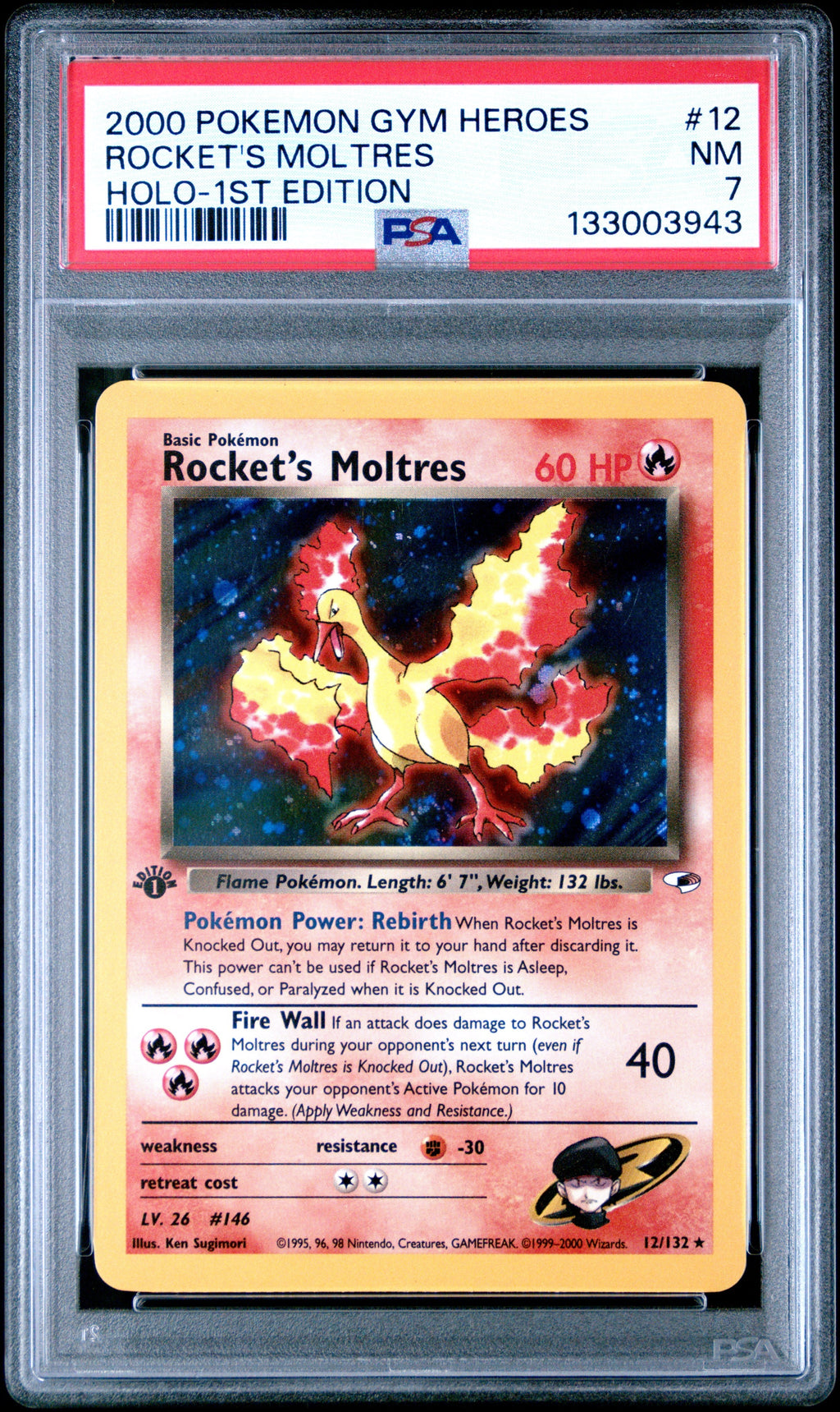 ROCKET'S MOLTRES HOLO-1ST EDITION 2000 POKEMON GYM HEROES PSA NM 7